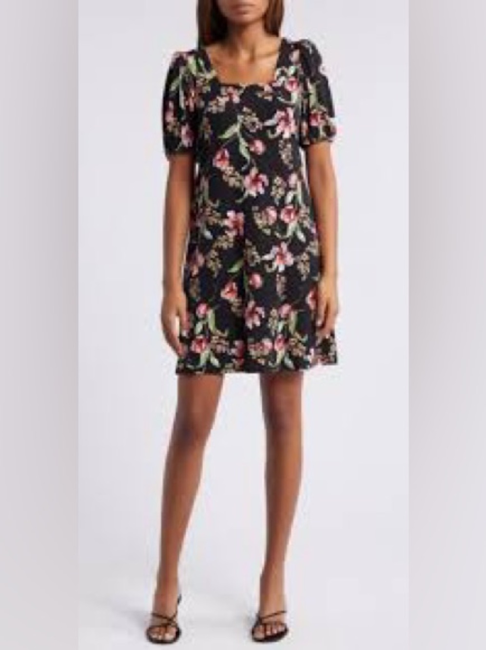 CeCe Black Dress with Coral Pink and Green Floral Print